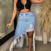 Denim dress with irregular tassels and holes