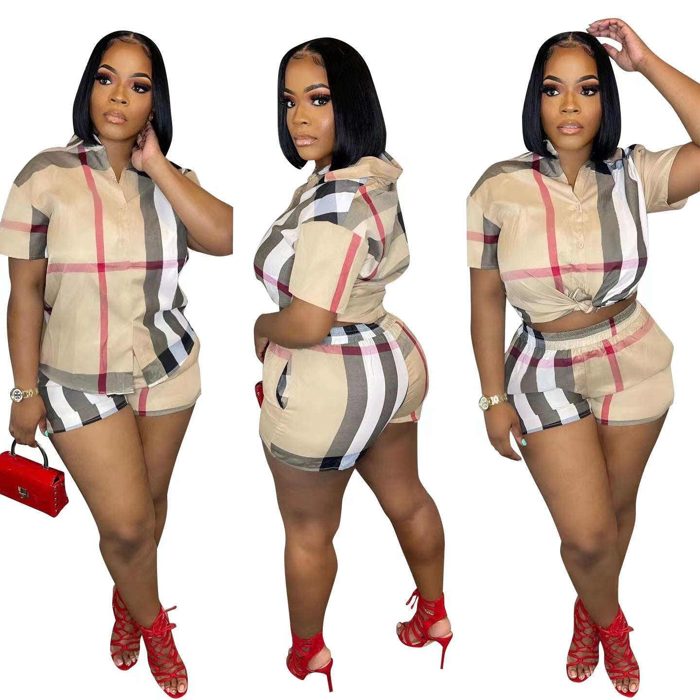 Casual Plaid Printed Short-Sleeved Shorts Two-Piece Suit
