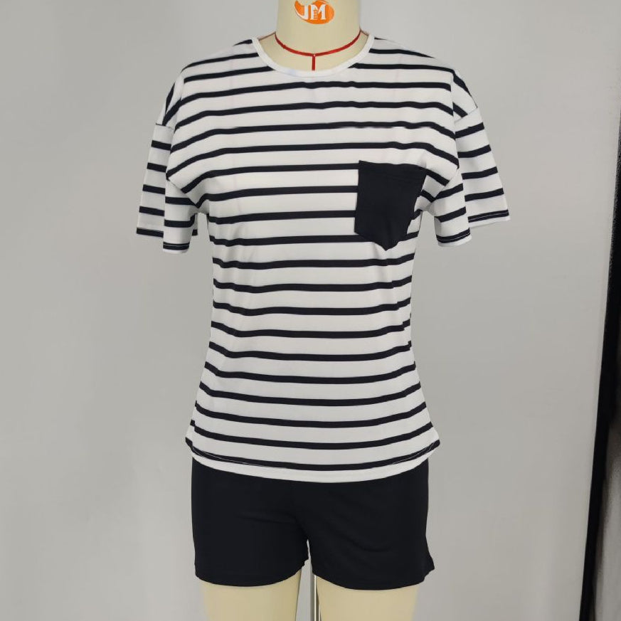 Striped Short-Sleeved Shorts Casual Two-Piece Set