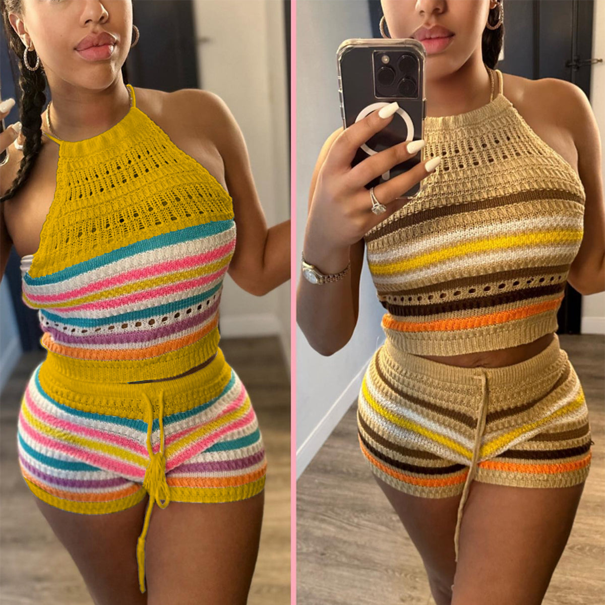 Knitted Backless Halter Top & Bottom 2PC Set