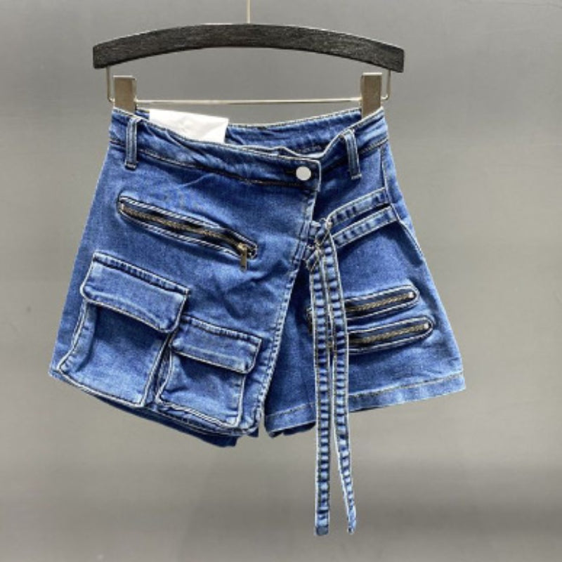Irregular Multi-Pocket Workwear A- line Denim Skirt