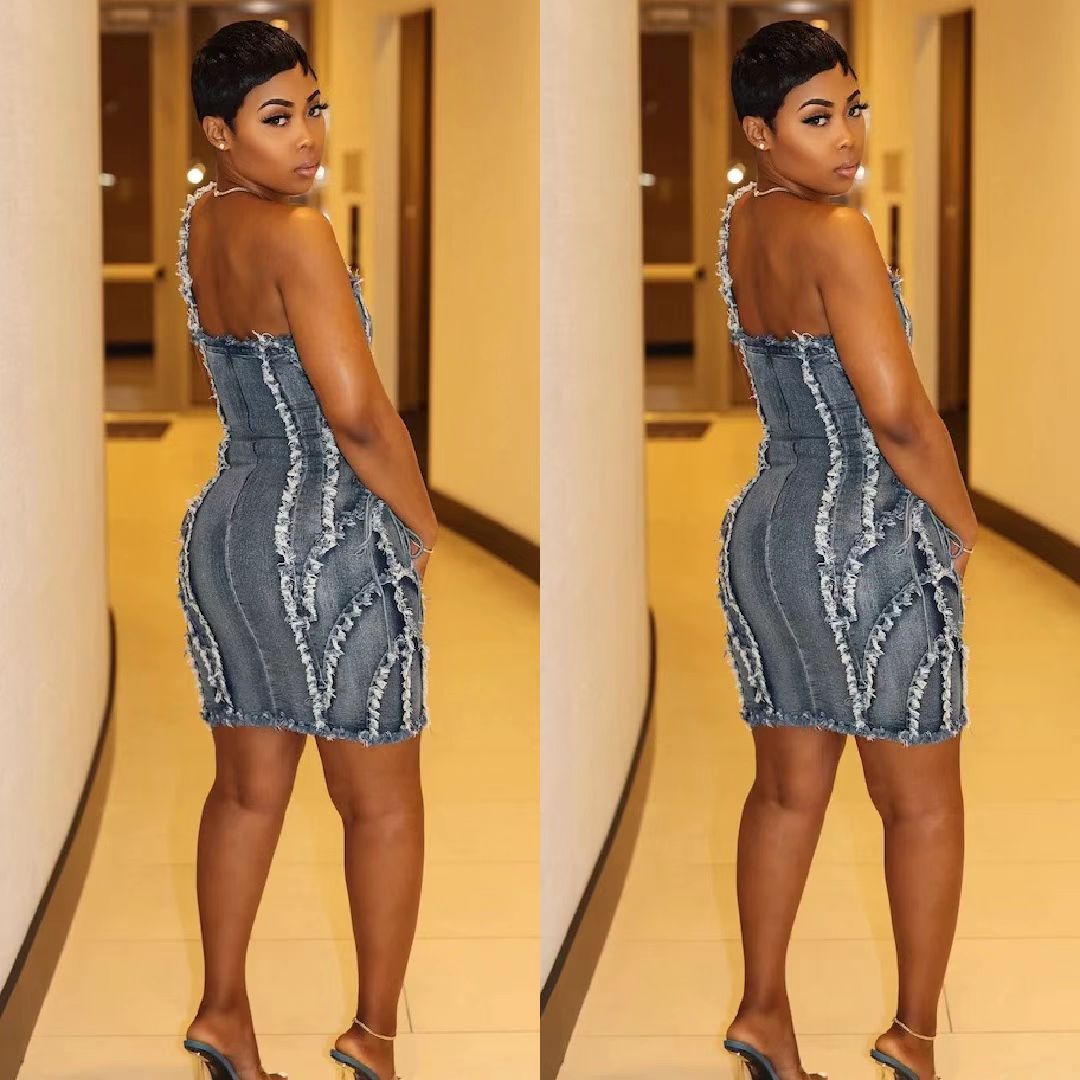 Strap Stitching Stretch Denim Dres