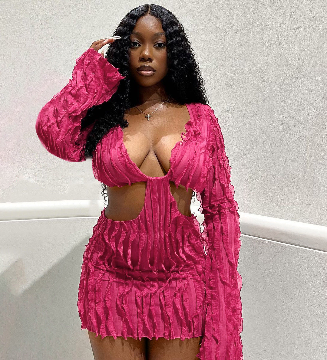 Long Sleeve Mesh Wave Pattern Sexy Short Dress