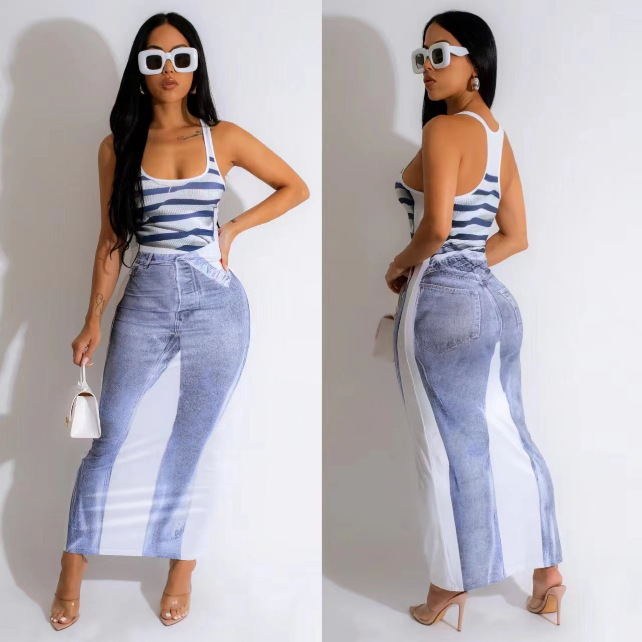 Jeans Printed Vest U-Neck Dress