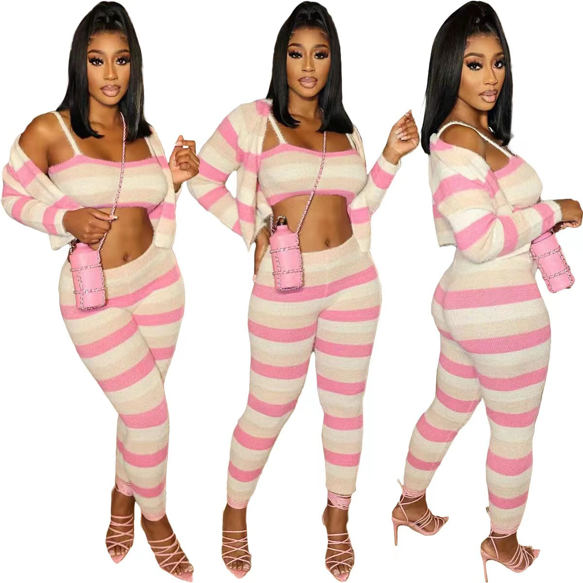 Knitted long sleeved striped slim fitting 3-piece set