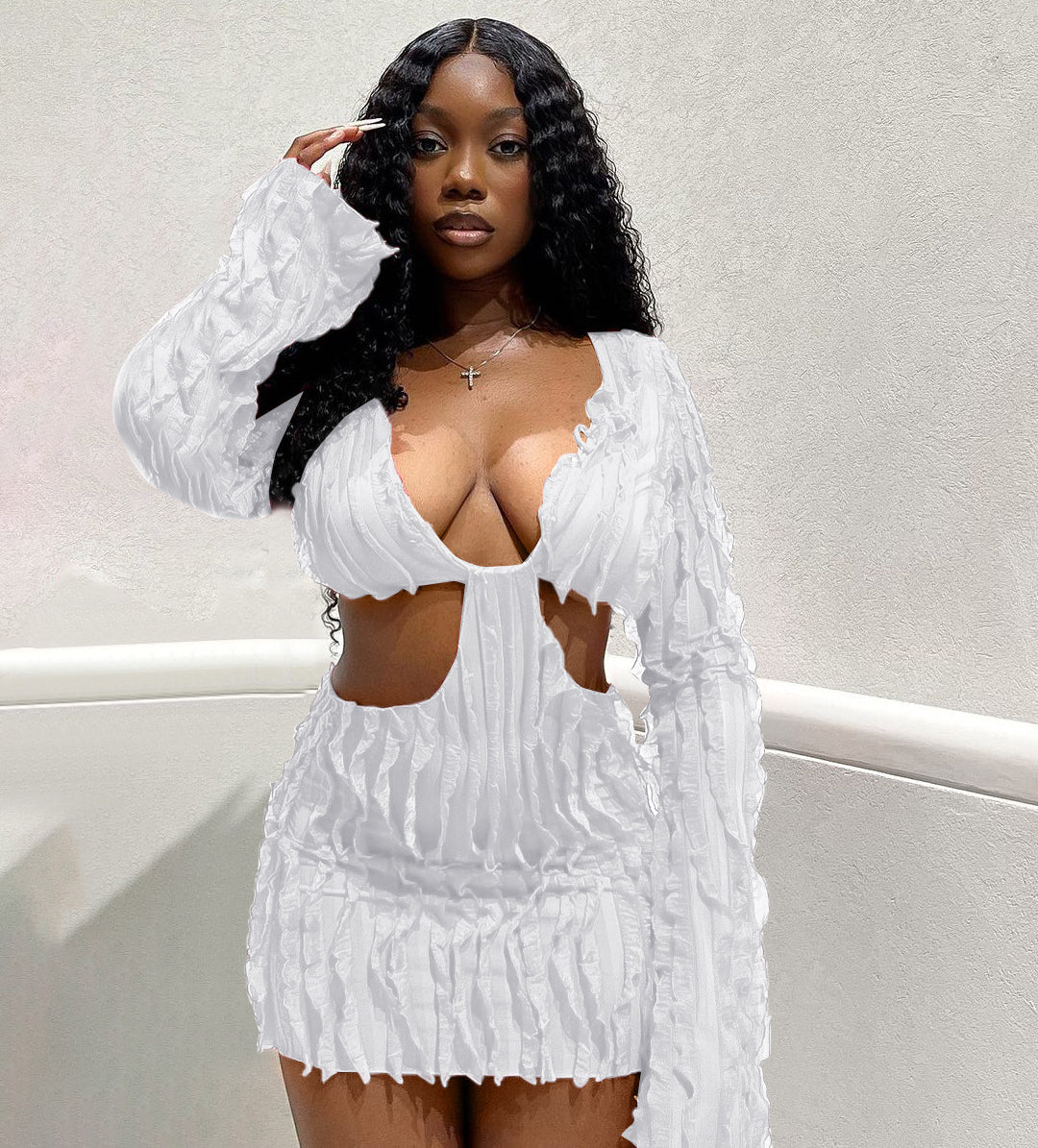 Long Sleeve Mesh Wave Pattern Sexy Short Dress