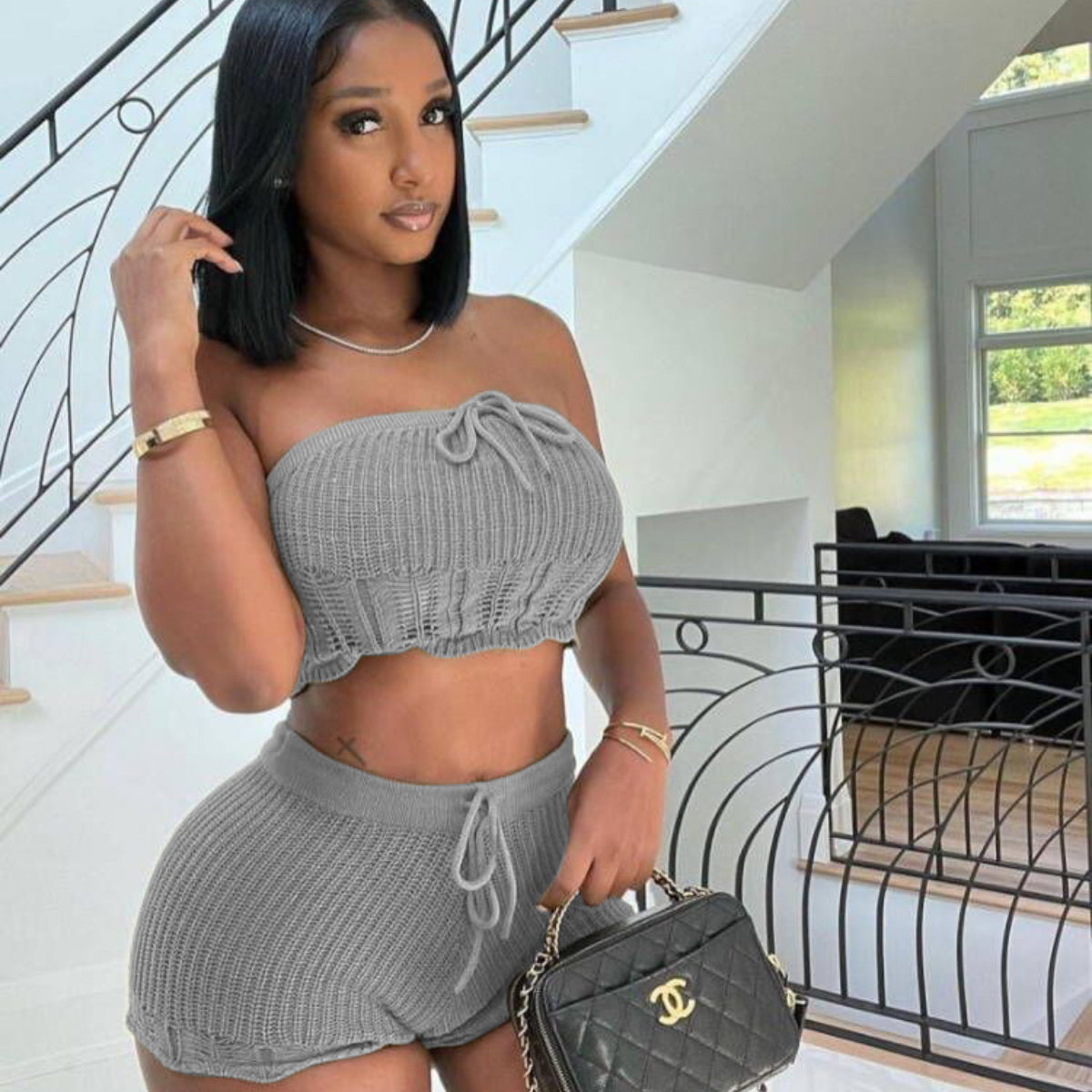 Casual Knitted Tube Top Shorts Two-Piece Set