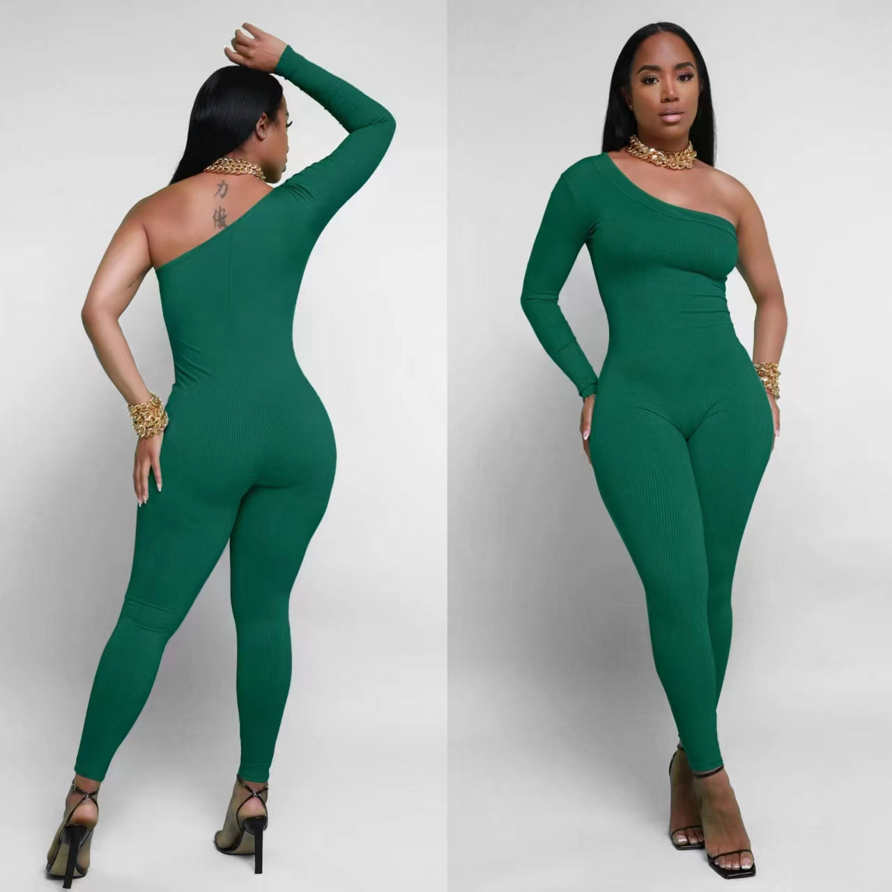 Pit Striped Oblique Shoulder Slim Fit Solid Color Jumpsuit