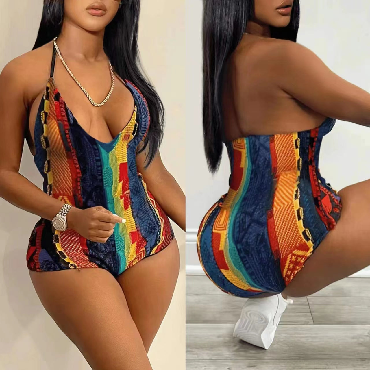 Abstract Printing Oblique Shoulder Jumpsuit
