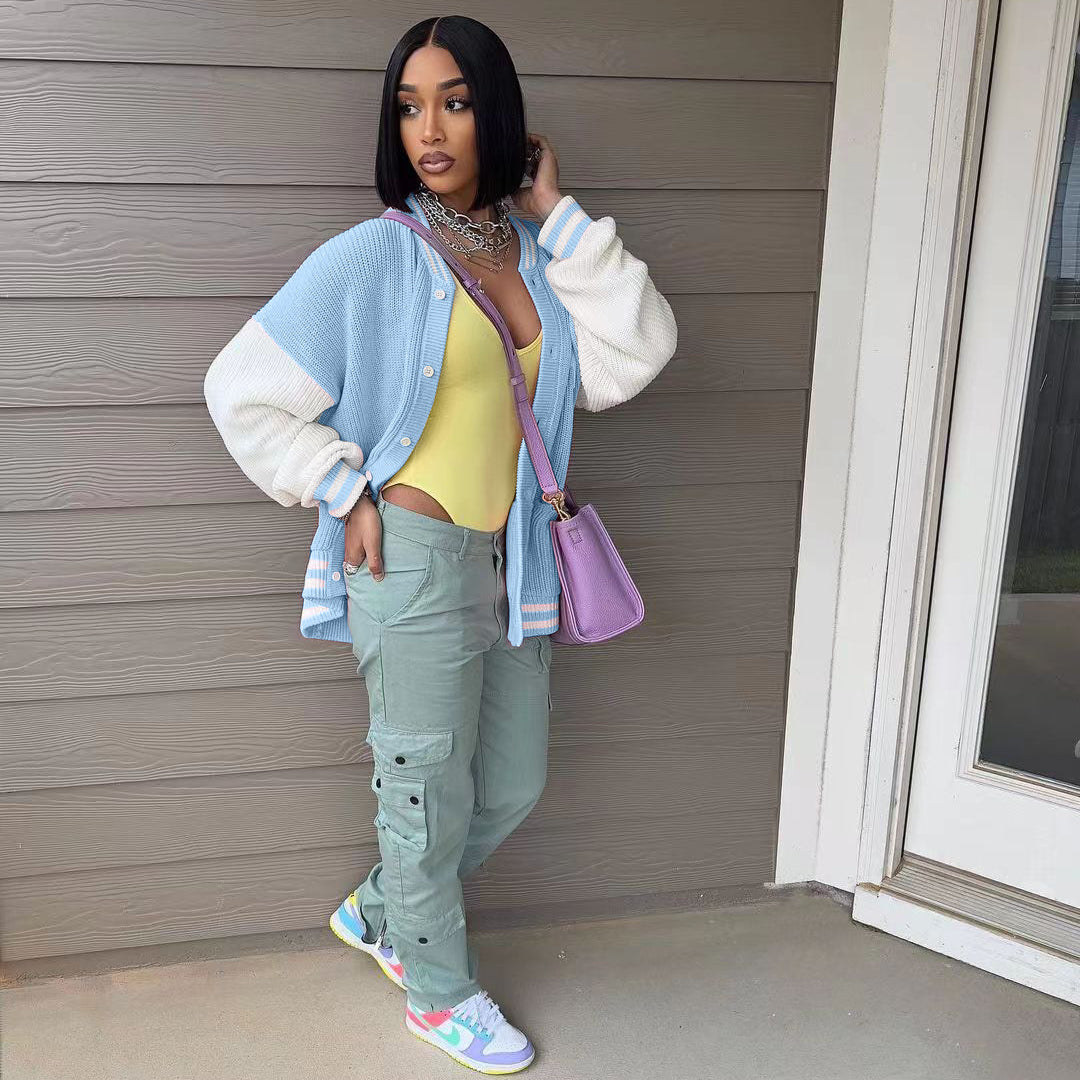 Candy Color Baseball Casual Knitted Jacket Coat