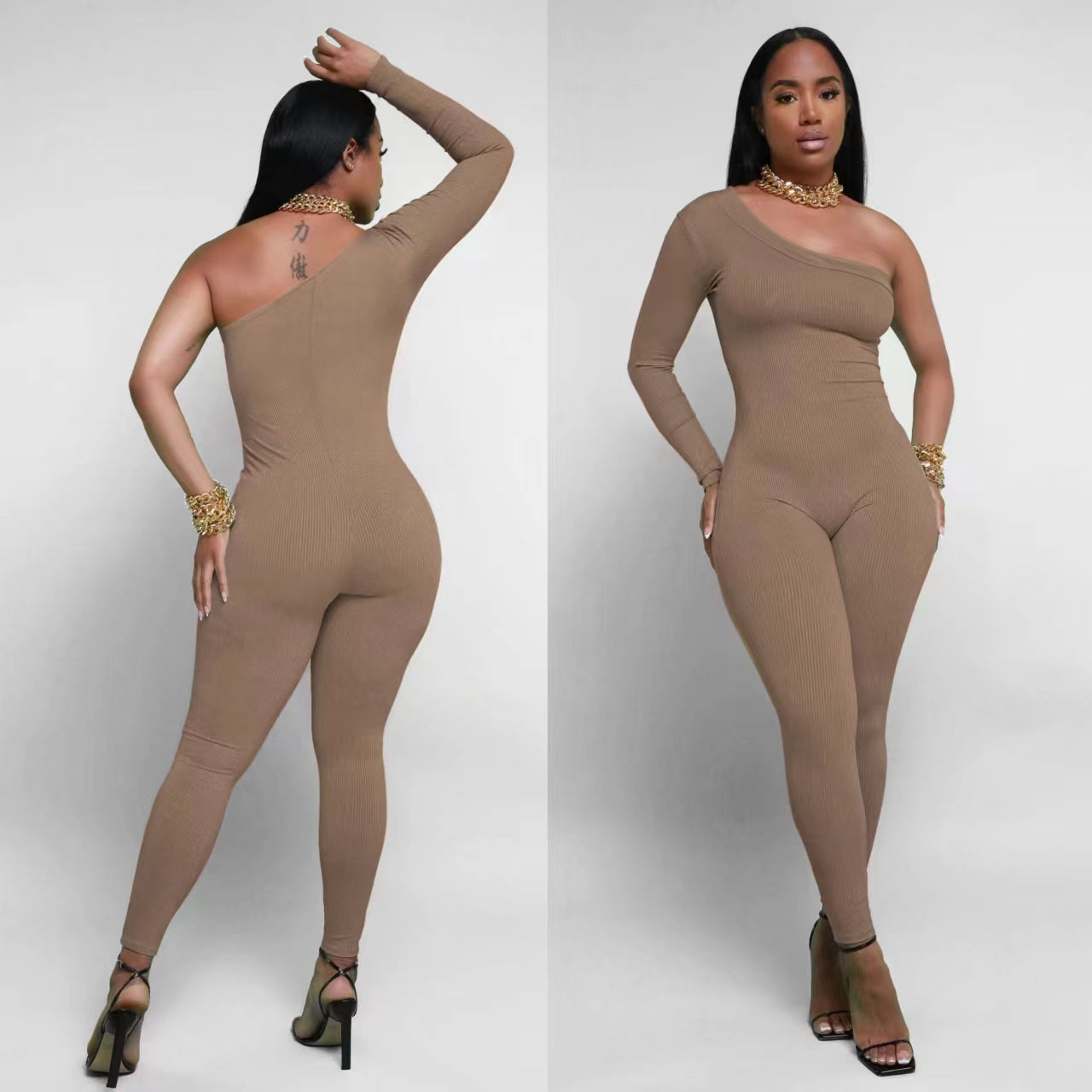 Pit Striped Oblique Shoulder Slim Fit Solid Color Jumpsuit