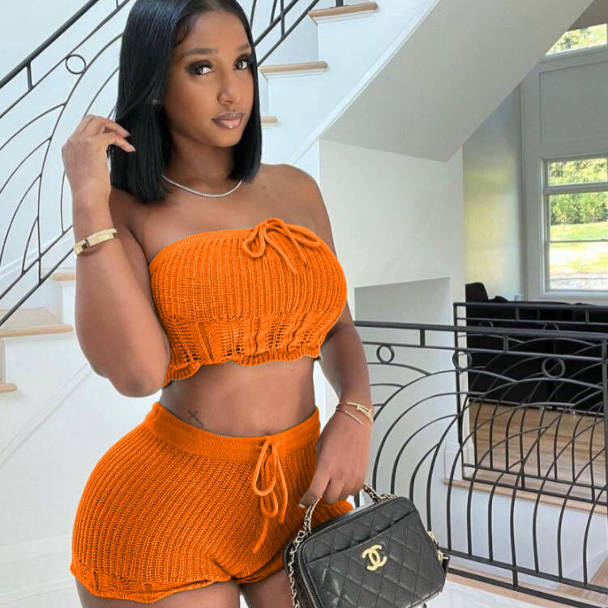 Casual Knitted Tube Top Shorts Two-Piece Set