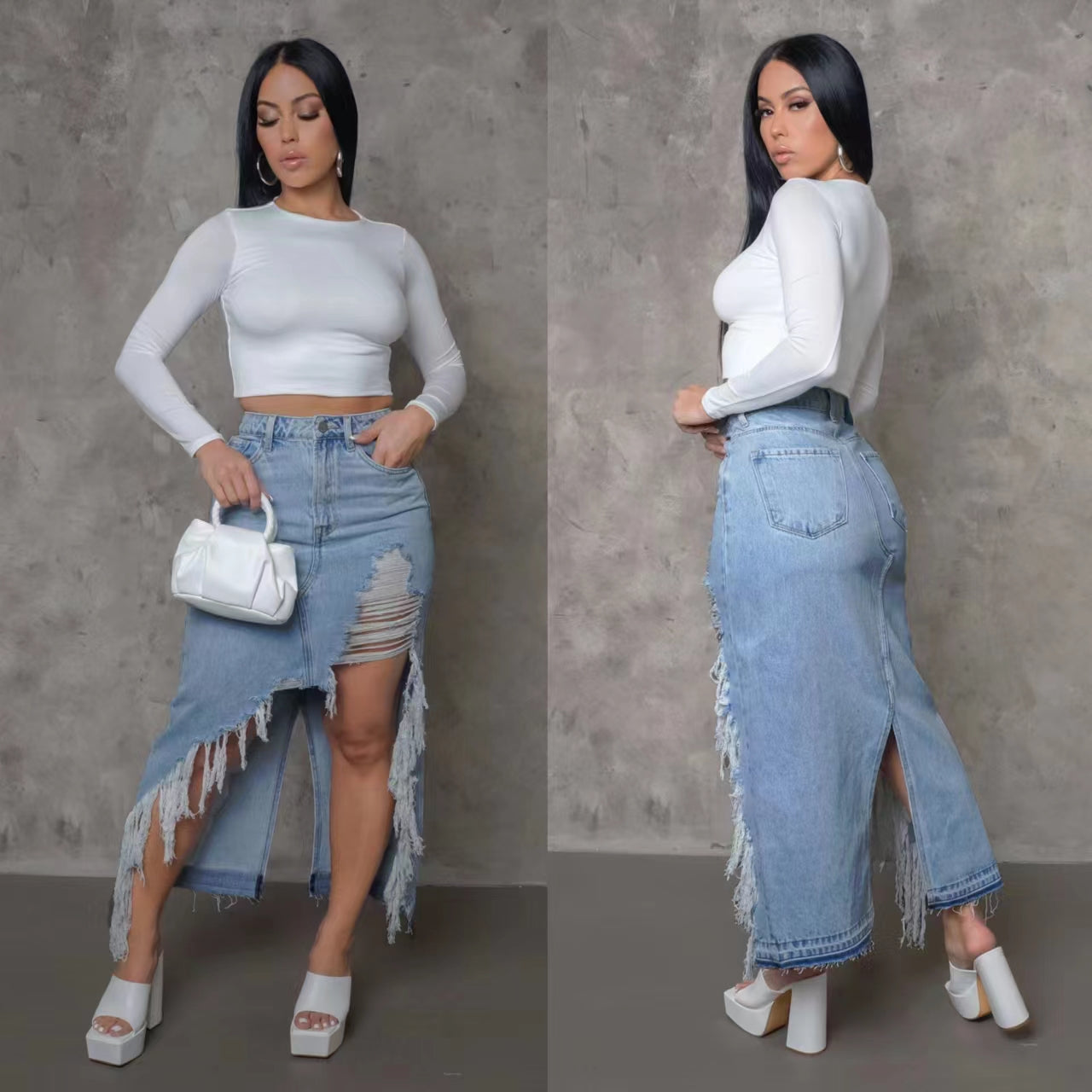 Denim dress with irregular tassels and holes