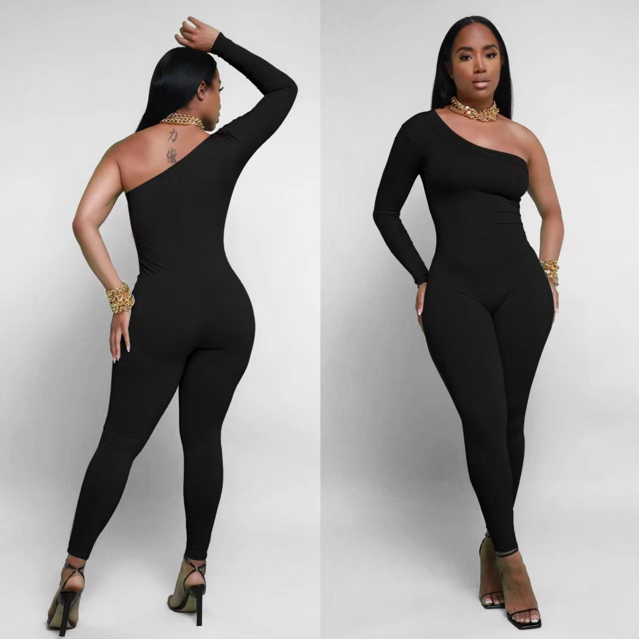 Pit Striped Oblique Shoulder Slim Fit Solid Color Jumpsuit