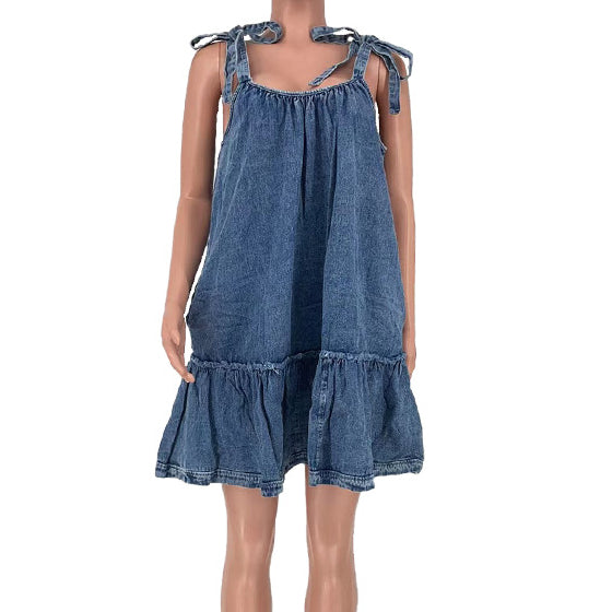 Solid Color U-Neck Denim Suspender Dress