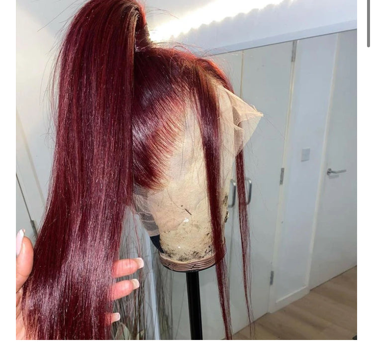 College Students Affordable Vibrant Burgundy Lustrous Straight Lace Frontal Wig - Janine’s Boutique